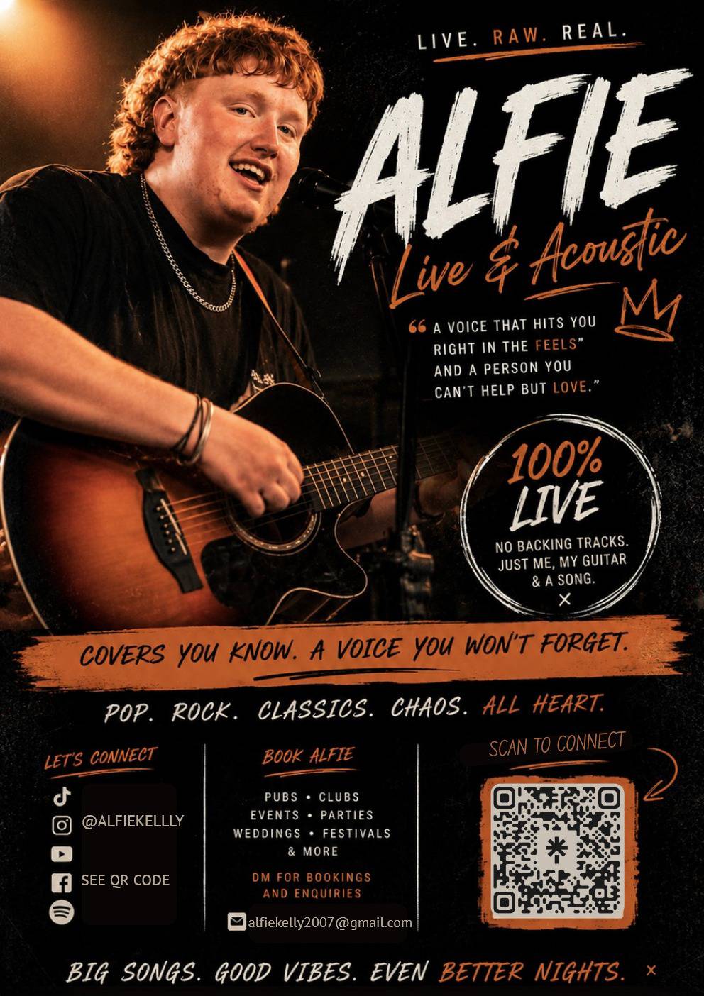 Promotional flyer for Alfie Kelly, live acoustic singer